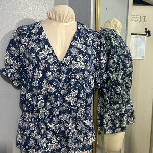 Women's Navy and White Floral V-Neck Peplum Blouse